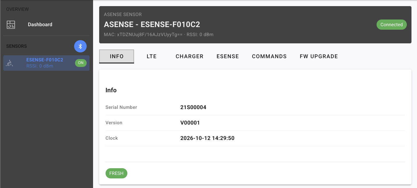Sensor INFO tab, Connected