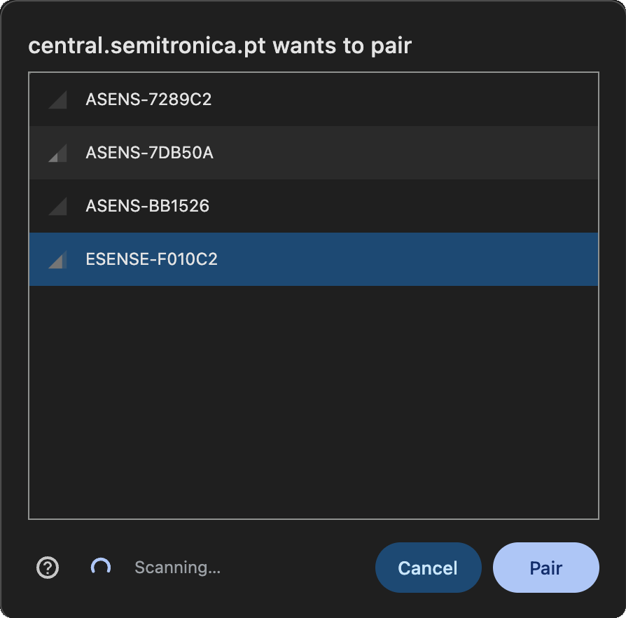 Browser pairing list with ESENSE-F010C2 selected